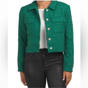 NEW Rachel Zoe Kelly Emerald Green Blazer Tweed gold button lady jacket size XS